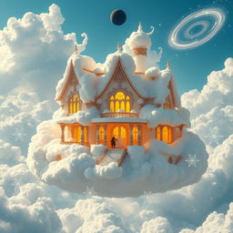 A fantastical house made entirely out of fluffy clouds, glowing warmly from within, floating in a clear blue sky