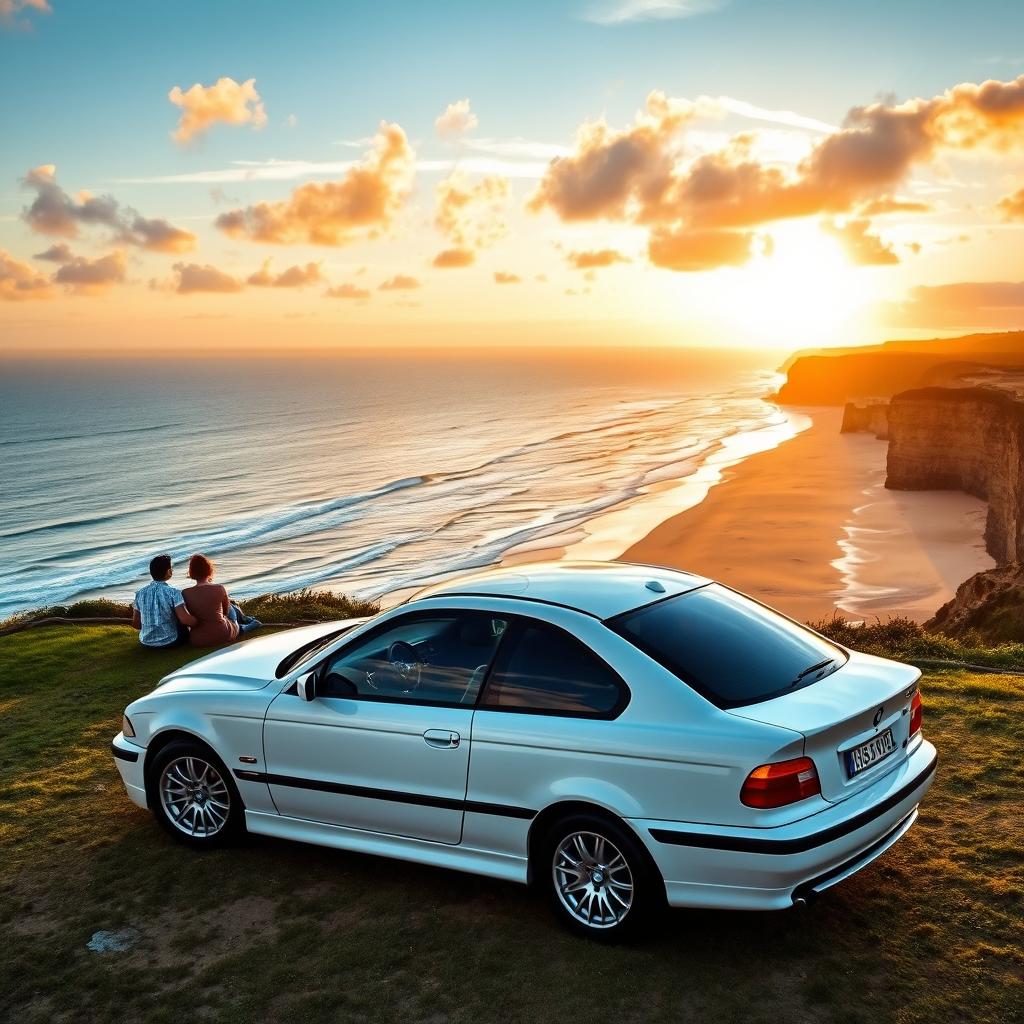 A BMW E39 2002 in sleek white with a contrasting black roof, parked at the edge of a cliff overlooking a breathtaking view of a golden sandy beach