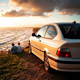 A BMW E39 2002 in sleek white with a contrasting black roof, parked at the edge of a cliff overlooking a breathtaking view of a golden sandy beach