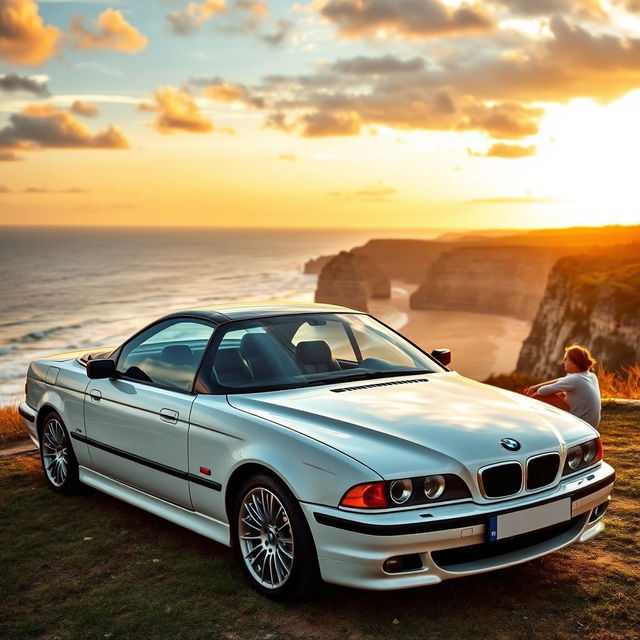 A BMW E39 2002 in sleek white with a contrasting black roof, parked at the edge of a cliff overlooking a breathtaking view of a golden sandy beach