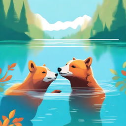 A high-quality digital art piece showcasing a bear and a fox swimming together in a crystal clear lake