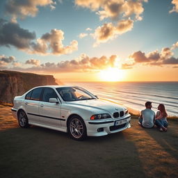 A BMW E39 2002 in sleek white with a contrasting black roof, parked at the edge of a cliff overlooking a breathtaking view of a golden sandy beach