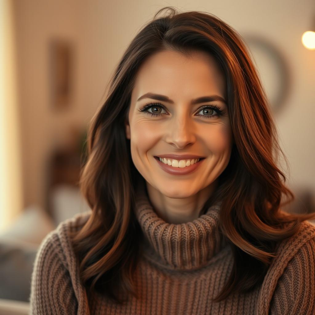 A beautiful woman aged between 30 to 45 years old with chestnut brown hair and a European appearance, wearing a cozy sweater