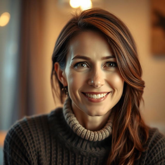 A beautiful woman aged between 30 to 45 years old with chestnut brown hair and a European appearance, wearing a cozy sweater