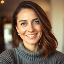 A beautiful woman aged between 30 to 45 years old with chestnut brown hair and a European appearance, wearing a cozy sweater