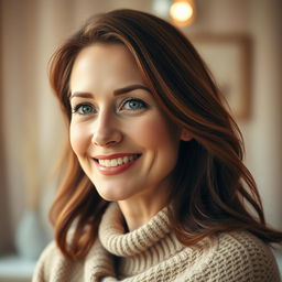 A beautiful woman aged between 30 to 45 years old with chestnut brown hair and a European appearance, wearing a cozy sweater