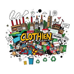 A dynamic and urban-style illustration on a white background depicting the environmental and social impact of clothing use, production, and disposal