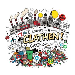A dynamic and urban-style illustration on a white background depicting the environmental and social impact of clothing use, production, and disposal