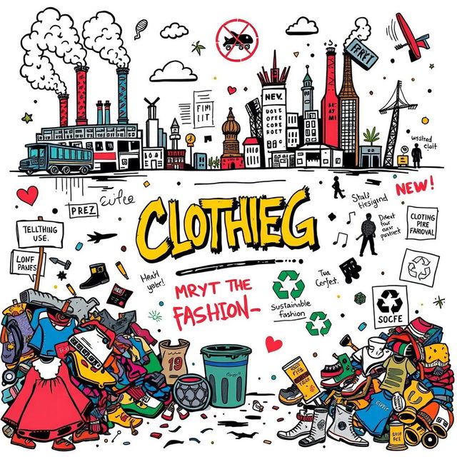 A dynamic and urban-style illustration on a white background depicting the environmental and social impact of clothing use, production, and disposal