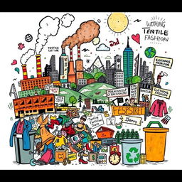 A dynamic and urban-style illustration on a white background depicting the environmental and social impact of clothing use, production, and disposal