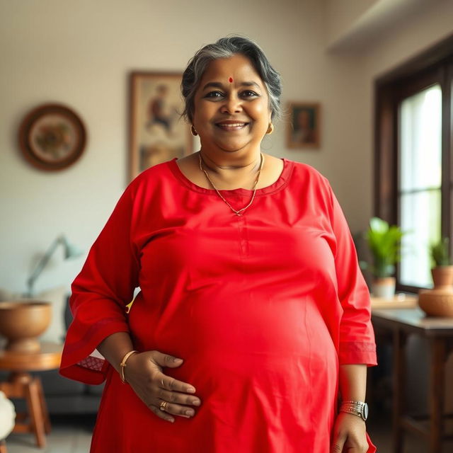 A 60-year-old dusky Indian plus-size housewife with large assets, confidently posing in a full-frontal whole body view