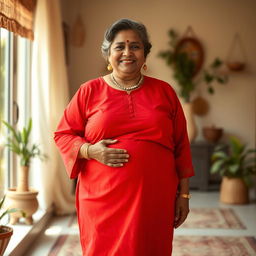 A 60-year-old dusky Indian plus-size housewife with large assets, confidently posing in a full-frontal whole body view