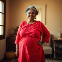 A 60-year-old dusky Indian plus-size housewife with large assets, confidently posing in a full-frontal whole body view