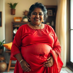 A 60-year-old dusky Indian plus-size housewife with large assets, confidently posing in a full-frontal whole body view