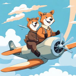 A high quality digital art image showcasing a bear and a fox, both anthropomorphized with expressive faces, piloting a small, vintage-style aeroplane against a clear blue sky