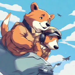 A high quality digital art image showcasing a bear and a fox, both anthropomorphized with expressive faces, piloting a small, vintage-style aeroplane against a clear blue sky