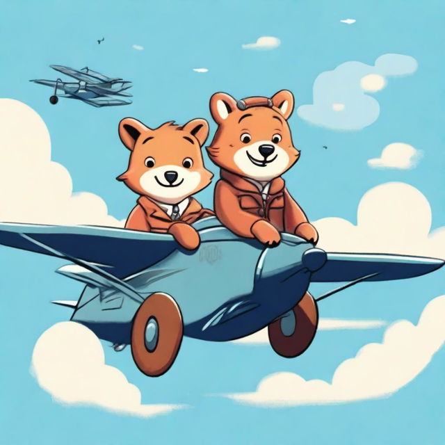 A high quality digital art image showcasing a bear and a fox, both anthropomorphized with expressive faces, piloting a small, vintage-style aeroplane against a clear blue sky