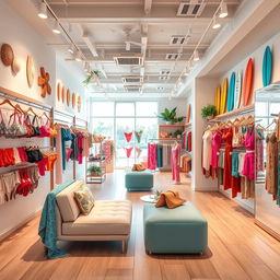 A stylish and modern interior design of a swimwear store, featuring bright colors and tropical themes