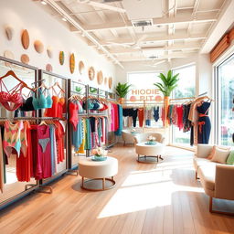 A stylish and modern interior design of a swimwear store, featuring bright colors and tropical themes