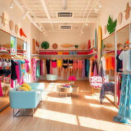 A stylish and modern interior design of a swimwear store, featuring bright colors and tropical themes