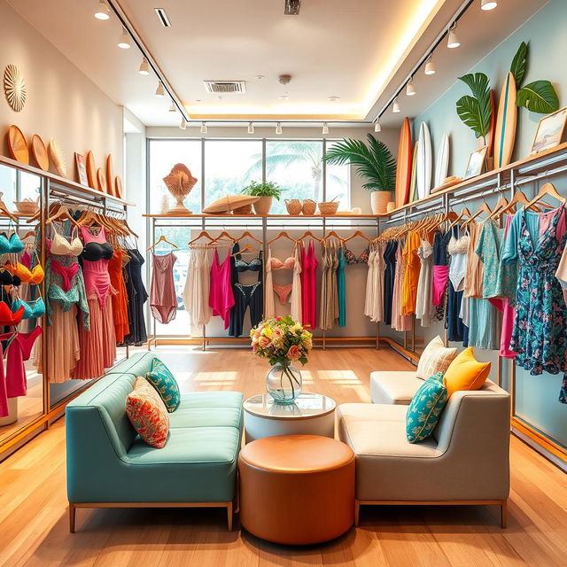 A stylish and modern interior design of a swimwear store, featuring bright colors and tropical themes