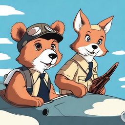 A high quality digital art image showcasing a bear and a fox, both anthropomorphized with expressive faces, piloting a small, vintage-style aeroplane against a clear blue sky