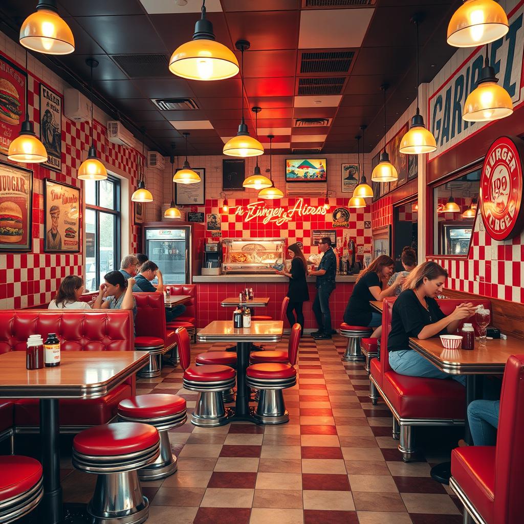 A lively burger joint featuring a vibrant chess red and white tile theme throughout the interior, showcasing a cozy dining area filled with unique wooden tables and retro-style booths