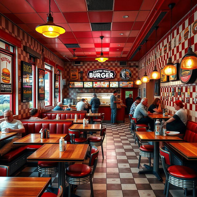 A lively burger joint featuring a vibrant chess red and white tile theme throughout the interior, showcasing a cozy dining area filled with unique wooden tables and retro-style booths