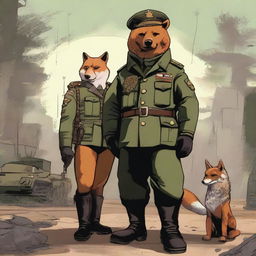 A high-quality digital art piece featuring a bear and a fox in a military setting