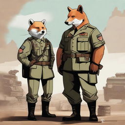 A high-quality digital art piece featuring a bear and a fox in a military setting