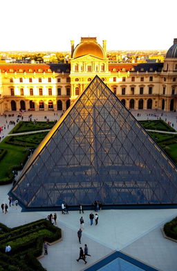 A stunning overview of the Louvre Museum, showcasing its iconic glass pyramid in the foreground, surrounded by lush gardens and historical architecture