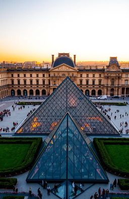 A stunning overview of the Louvre Museum, showcasing its iconic glass pyramid in the foreground, surrounded by lush gardens and historical architecture