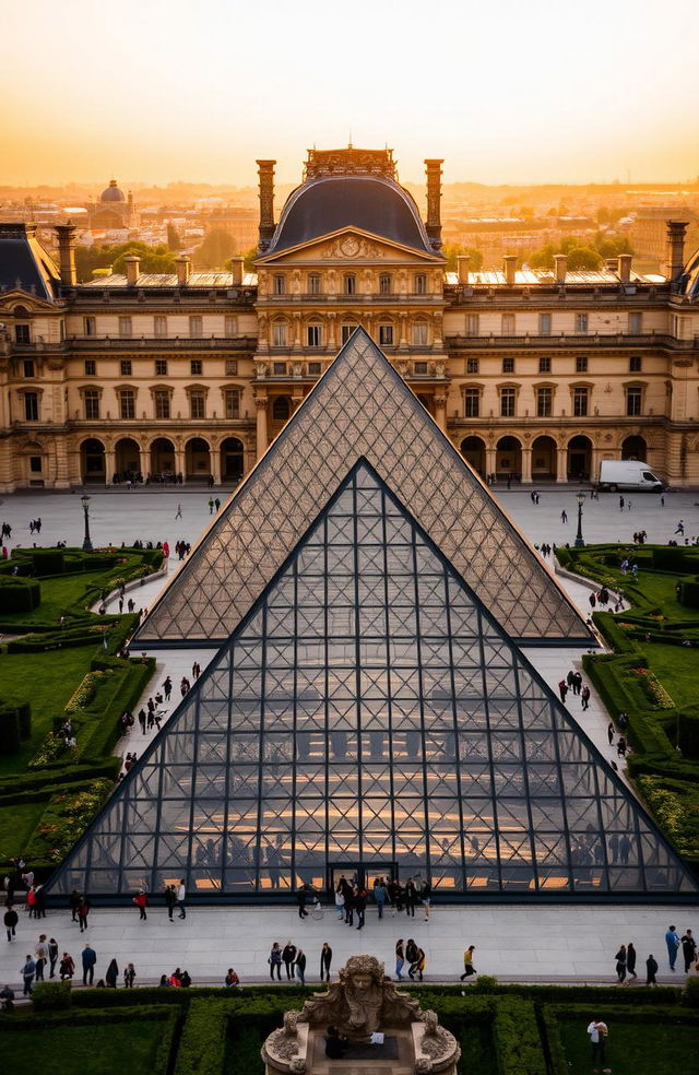 A stunning overview of the Louvre Museum, showcasing its iconic glass pyramid in the foreground, surrounded by lush gardens and historical architecture