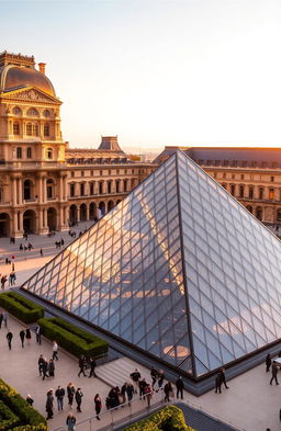 A stunning overview of the Louvre Museum, showcasing its iconic glass pyramid in the foreground, surrounded by lush gardens and historical architecture