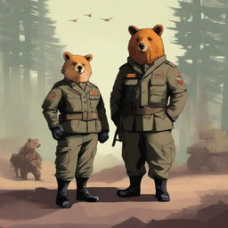 A high-quality digital art piece featuring a bear and a fox in a military setting