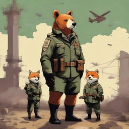 A high-quality digital art piece featuring a bear and a fox in a military setting