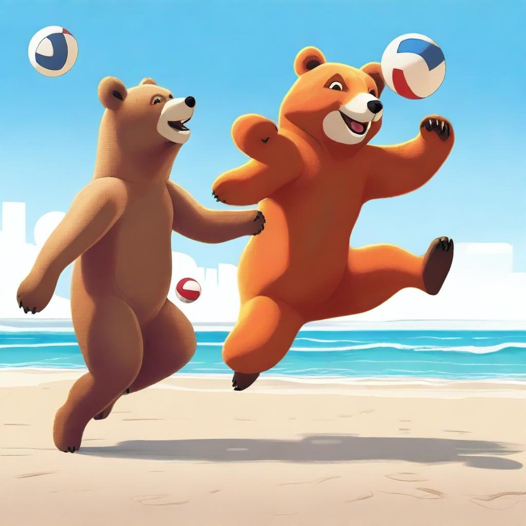 A high-quality digital art piece showcasing a bear and a fox engaged in a lively game of volleyball