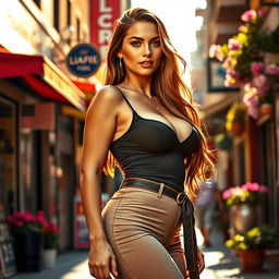 A confident young woman with an hourglass figure, featuring big breasts and prominent hips
