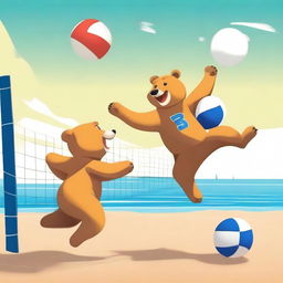 A high-quality digital art piece showcasing a bear and a fox engaged in a lively game of volleyball