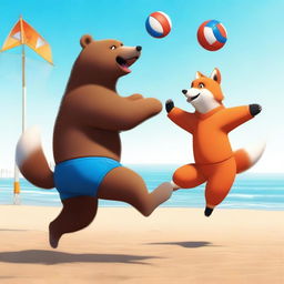 A high-quality digital art piece showcasing a bear and a fox engaged in a lively game of volleyball