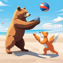 A high-quality digital art piece showcasing a bear and a fox engaged in a lively game of volleyball