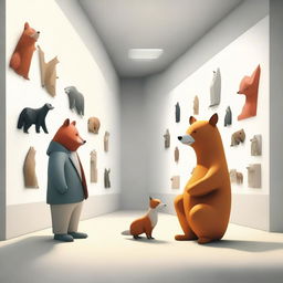 A highest quality digital art image featuring a bear and a fox in the Museum of Modern Art