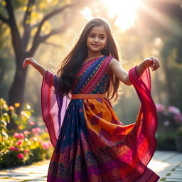 A beautiful girl gracefully dancing in a vibrant saari dress, showcasing intricate patterns and bold colors