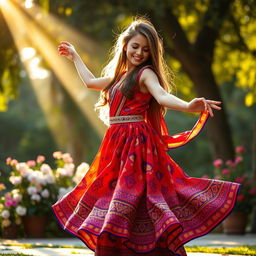 A beautiful girl gracefully dancing in a vibrant saari dress, showcasing intricate patterns and bold colors