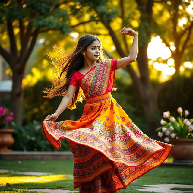 A beautiful girl gracefully dancing in a vibrant saari dress, showcasing intricate patterns and bold colors