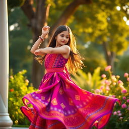 A beautiful girl gracefully dancing in a vibrant saari dress, showcasing intricate patterns and bold colors