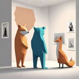 A highest quality digital art image featuring a bear and a fox in the Museum of Modern Art