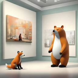 A highest quality digital art image featuring a bear and a fox in the Museum of Modern Art