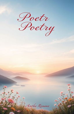 A beautifully designed poetry book cover featuring an ethereal landscape at dawn, with soft pastel colors creating a peaceful and reflective atmosphere