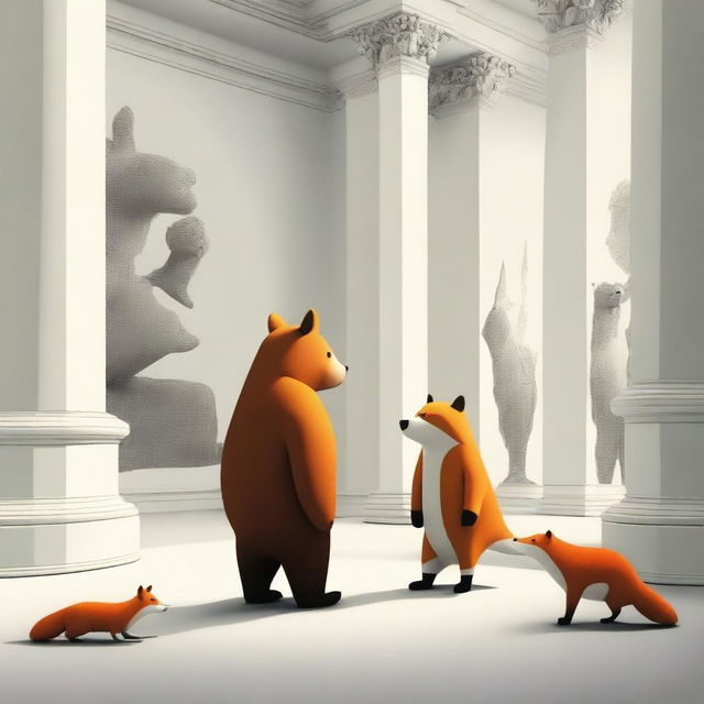 A highest quality digital art image featuring a bear and a fox in the Museum of Modern Art